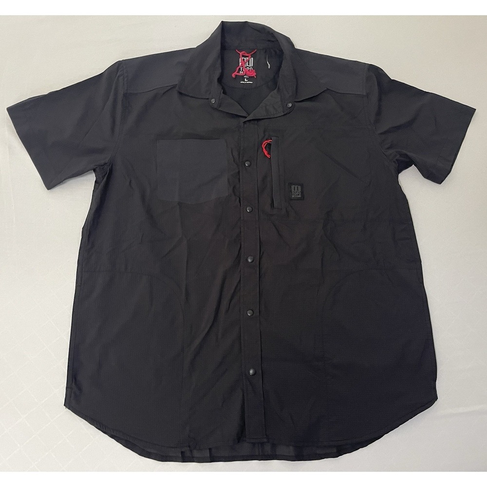 Topo Designs Tech Shirt Men's Large L Black Short Sleeve Button Up Hiking Vented